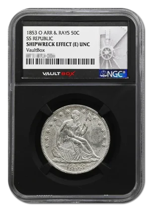1853-O Arrows and Rays 50C SS Republic NGC Shipwreck Effect E Unc VaultBox