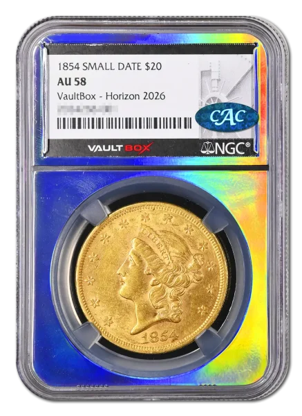 1854 Small Date $20 NGC AU58 CAC VaultBox Horizon 2026 - With Shadow