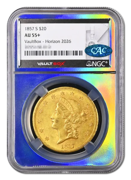 1857-S $20 NGC AU55+ CAC VaultBox Horizon 2026 - With Shadow