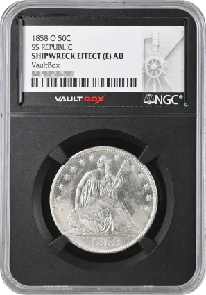 1858-O 50C SS Republic NGC Shipwreck Effect E AU VaultBox