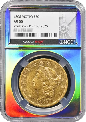 1866 Motto $20 NGC AU55 VaultBox Premier 2025