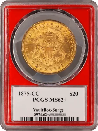 1875-CC $20 PCGS MS62+ VaultBox Surge rev