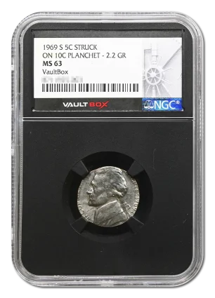 1969-S 5C Mint Error Struck on 10C Planchet NGC MS63 VaultBox