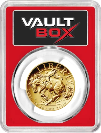 2021 $100 Gold High Relief Bronco PCGS PR70 VaultBox Prime 2025 obv