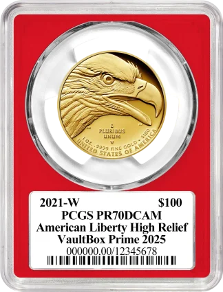 2021 $100 Gold High Relief Bronco PCGS PR70 VaultBox Prime 2025 rev