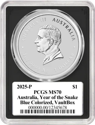 2025-P $1 Australia Silver Year of the Snake Blue Colorized PCGS MS70 VaultBox rev